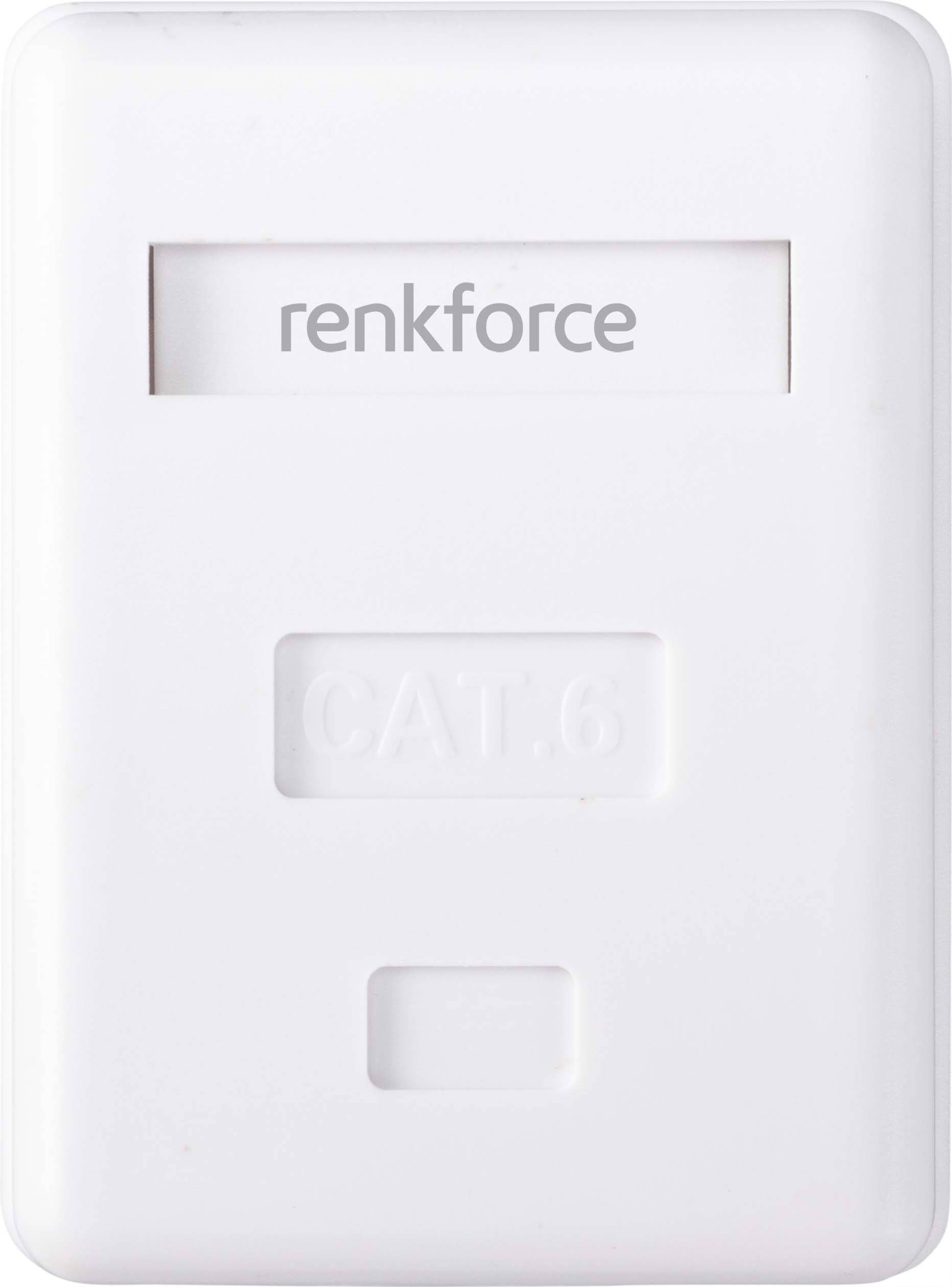 Weiße Netzwerkwanddose der Marke Renkforce, gekennzeichnet mit 'CAT.6', geeignet für Ethernet-Verbindungen.