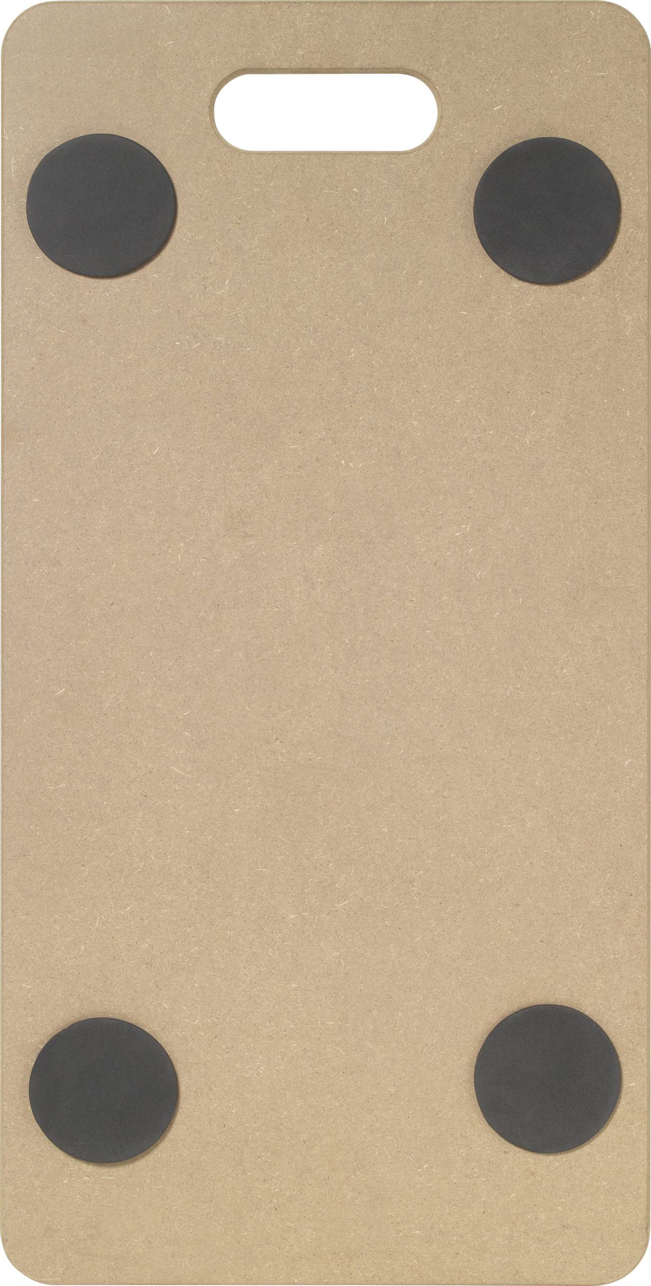 Schneidebrett aus Holz mit vier schwarzen runden Anti-Rutsch-Pads auf der Unterseite.