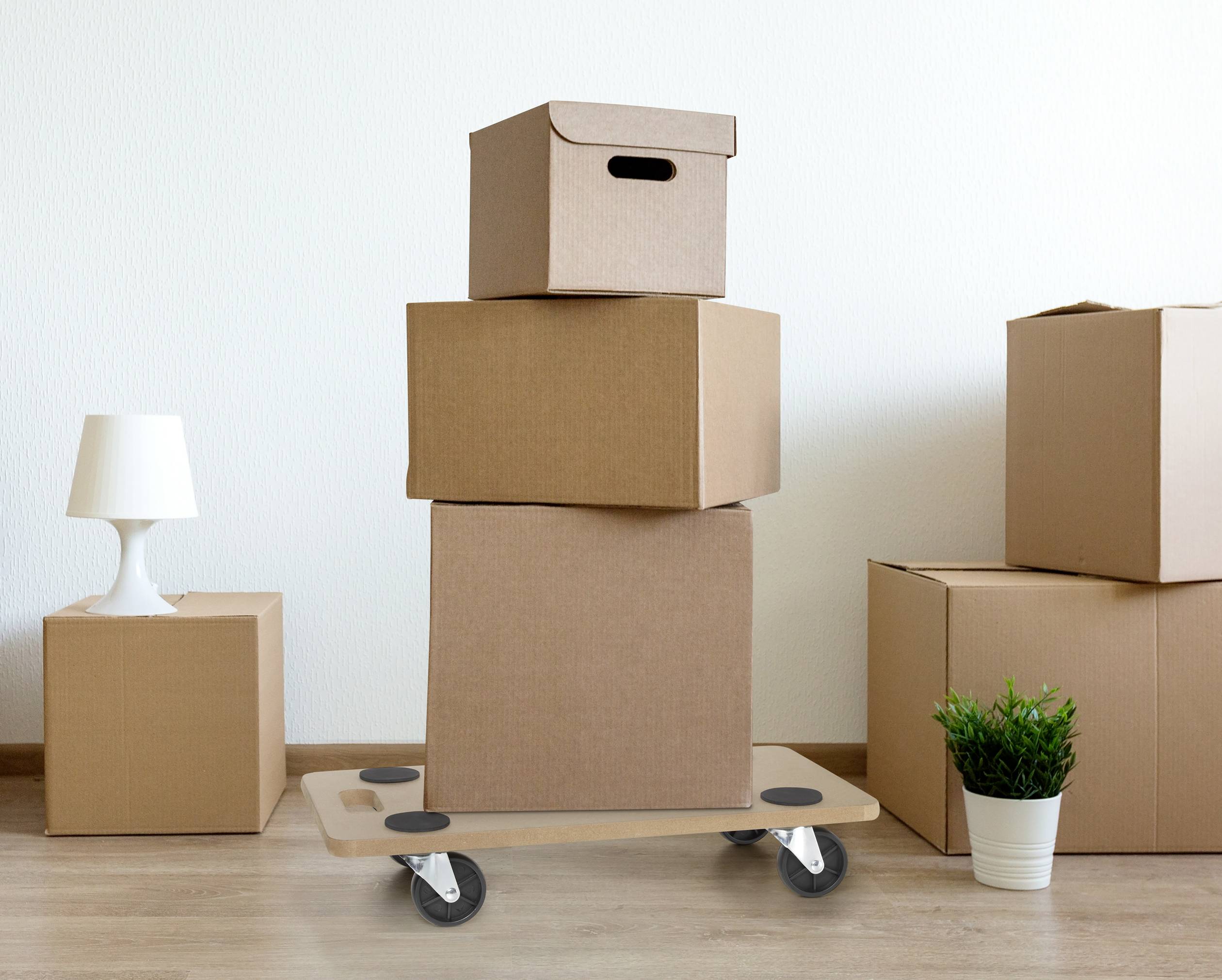 Mehrere gestapelte Umzugskartons auf einem Rollbrett in einem Wohnraum mit Tischlampe und Topfpflanze im Hintergrund.