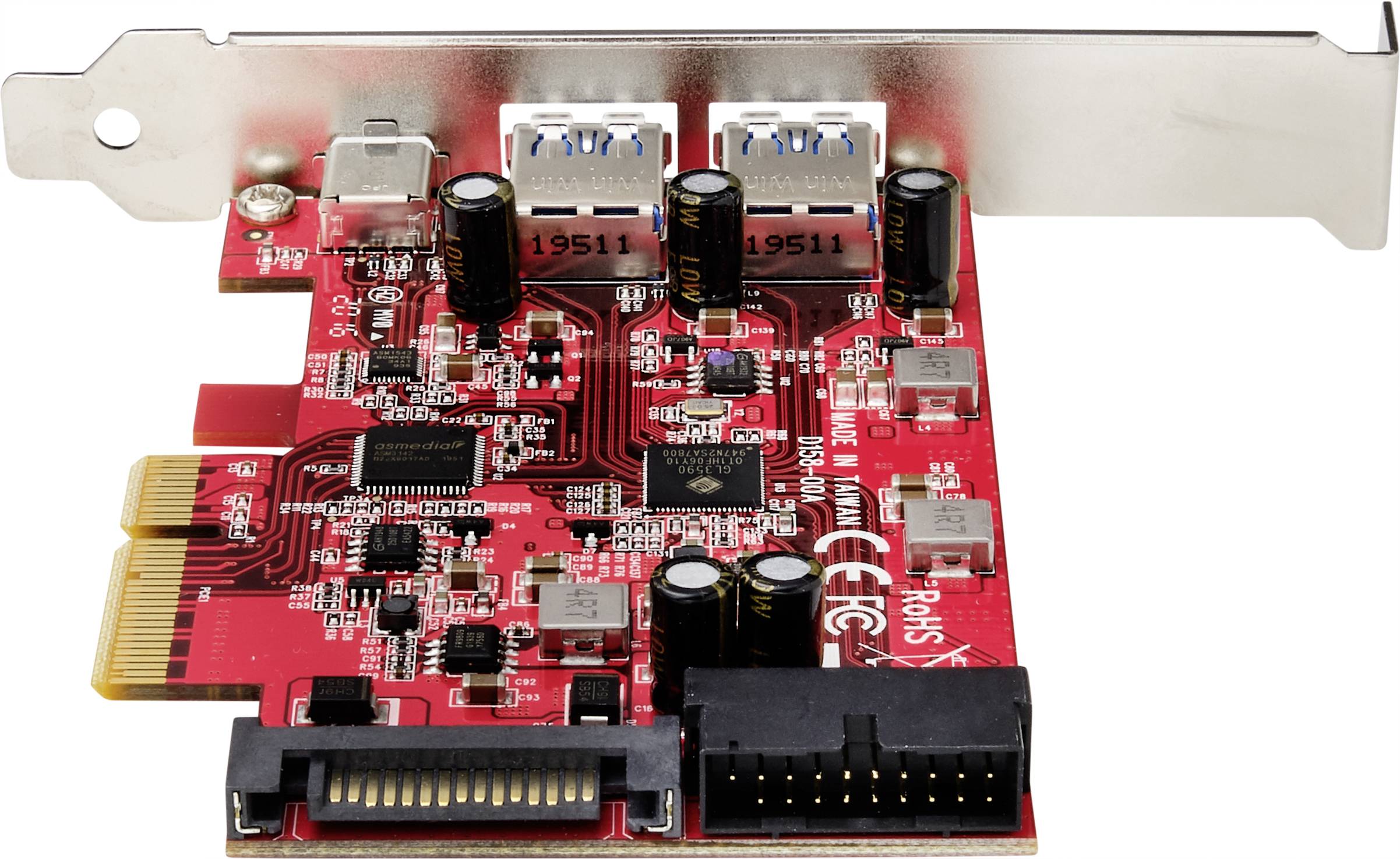 Eine rote PCIe-Erweiterungskarte mit zwei USB-3.0-Anschlüssen und einem SATA-Anschluss, geeignet zum Hinzufügen von Ports zu einem Computer.
