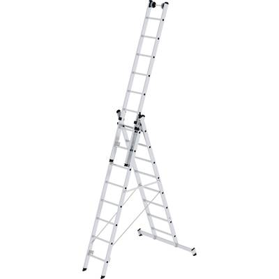 'Aluminiumleiter in A-Form aufgestellt. Erweiterbarer Abschnitt steht senkrecht. Für industrielle oder landwirtschaftliche Nutzung geeignet.'