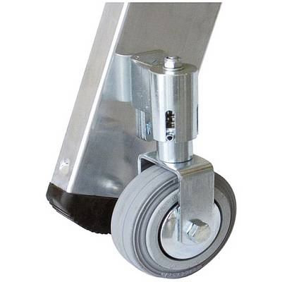 Rollenset für Alu-Fahrgerüst. Enthält ein einzelnes Gummirad an einer Metallhalterung, geeignet zur stabilen Fortbewegung und Positionierung.