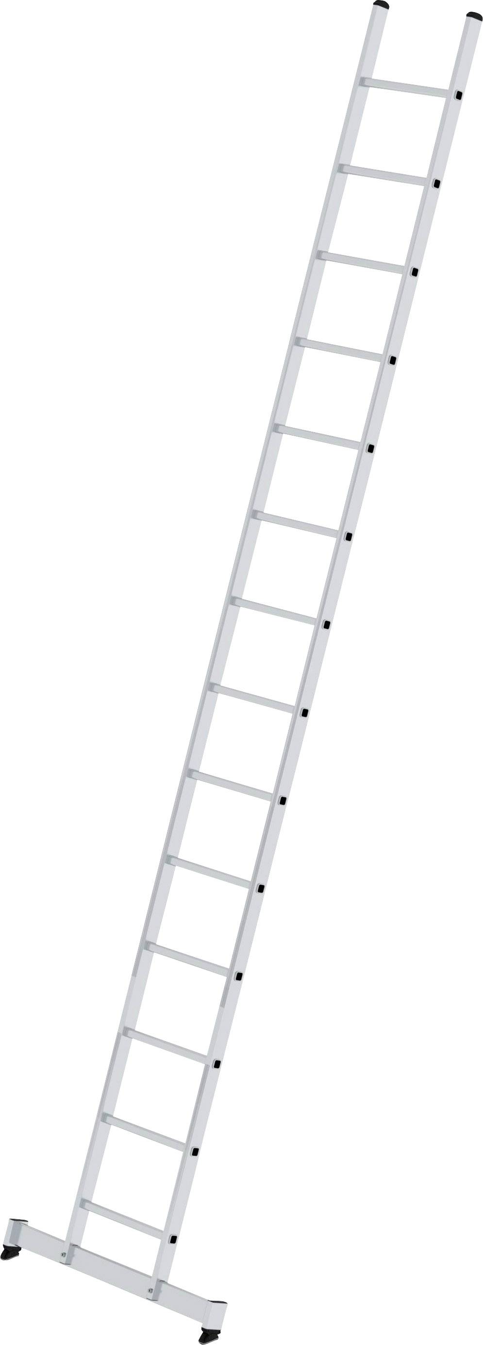Leiter mit 13 Sprossen, schräg an eine Wand gelehnt, zeigt Stabilität und Tragbarkeit durch Aluminiumrahmen und rutschfeste Füße.