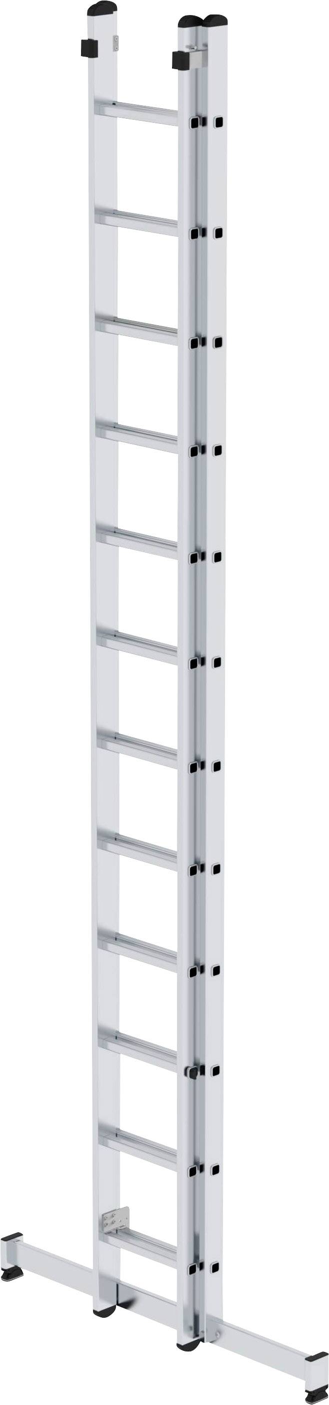 'Aluminiumleiter mit 12 Sprossen, aufrecht stehend. Geeignet für Arbeiten in großer Höhe, stabiler Standfuß und rutschfeste Endkappen.'