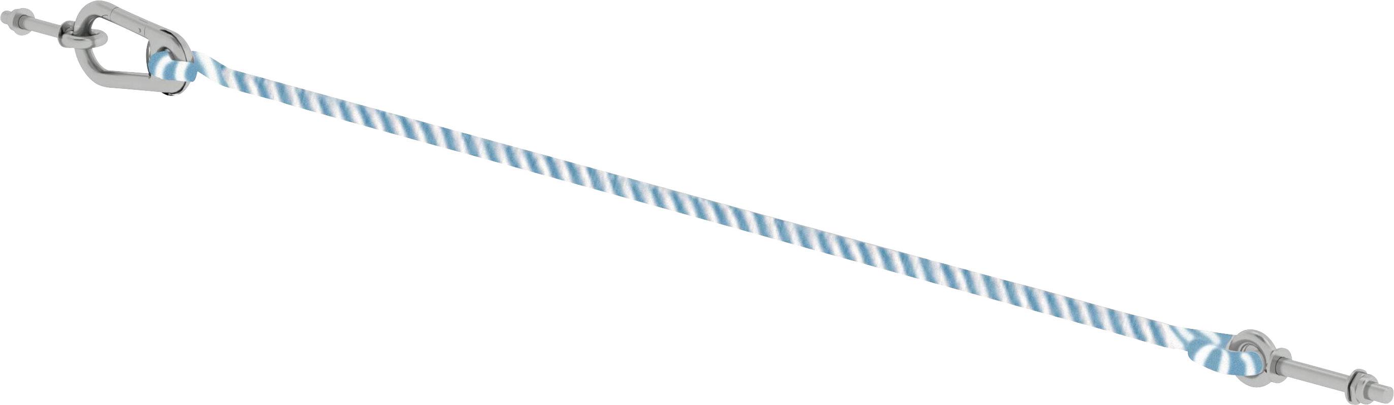 Ein blau-weißes gedrehtes Seil wird durch zwei silberne Schraubverbindungen gehalten.