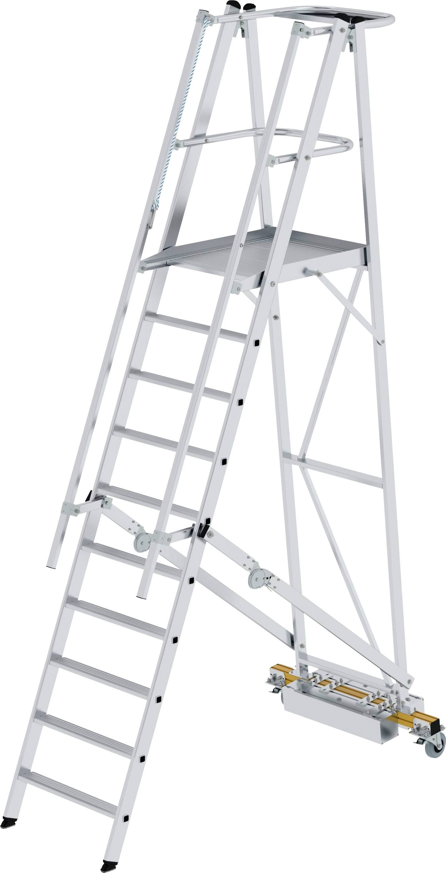 Eine silberne Aluminiumleiter mit Plattform und Geländer, geeignet für Arbeiten in der Höhe, mit Rollen für einfache Beweglichkeit.