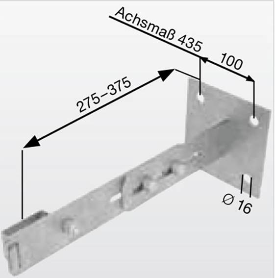 'Verstellbare Halterung mit Achsmaßbereich von 275-375 mm, Lochdurchmesser 16 mm, Gesamtlänge 435 mm und Breite 100 mm.'