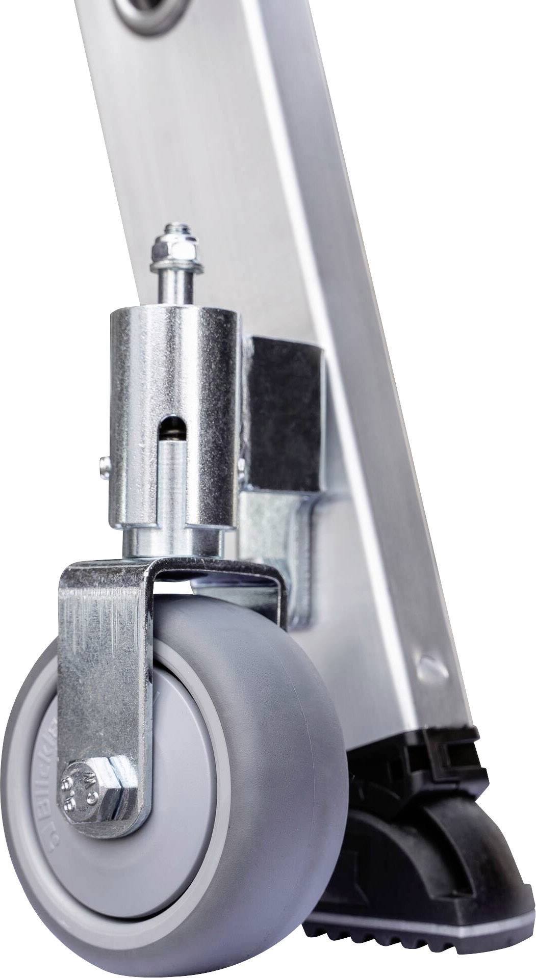 Rolle mit grauem Rad und Metallhalterung an einer Stütze befestigt, bietet Mobilität und Stabilität für Möbel oder Geräte.