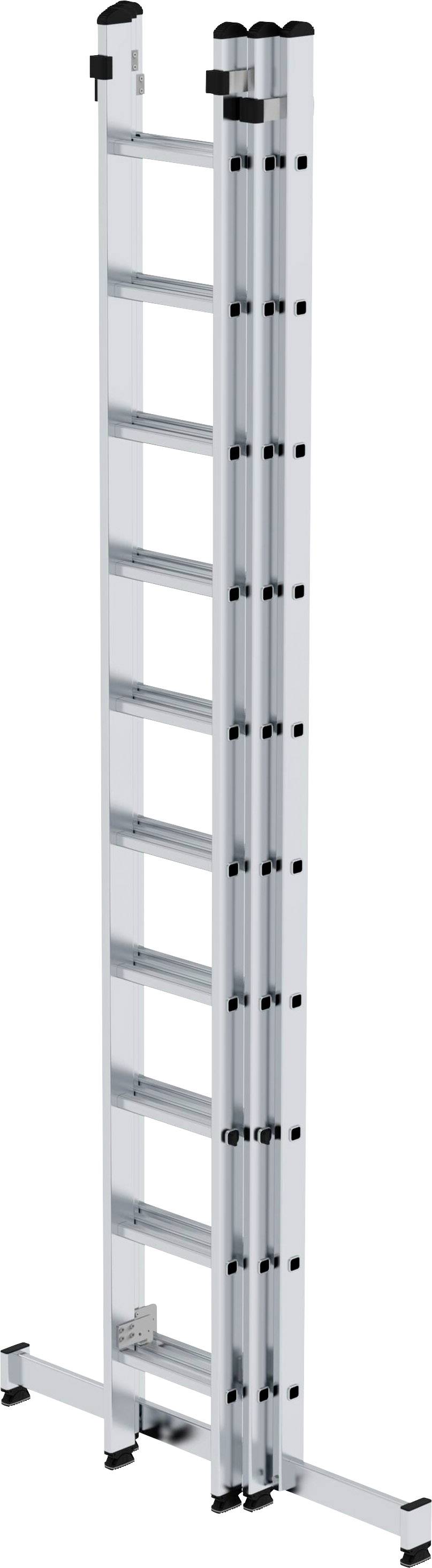Eine lange, aufgeklappte Aluleiter mit Teleskopelementen. Geeignet für Arbeiten in großer Höhe, stabilisiert durch breite Querstreben unten.