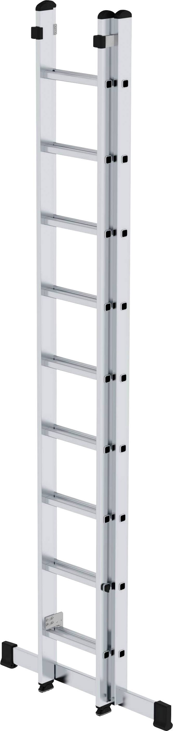 'Klappleiter aus Aluminium, aufrecht stehend, mit acht Sprossen und schwarzen Kunststoffkappen an den Enden.'