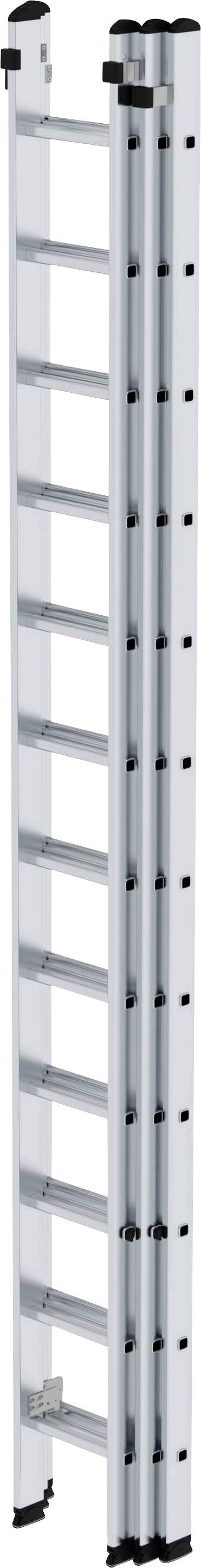 Eine ausgezogene Teleskopleiter aus Aluminium mit mehreren Sprossen, die kompakt zusammengefaltet ist.