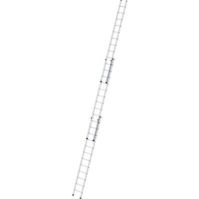 Eine lange, ausziehbare Aluminiumleiter, gestreckt in aufrechter Position auf weißem Hintergrund.