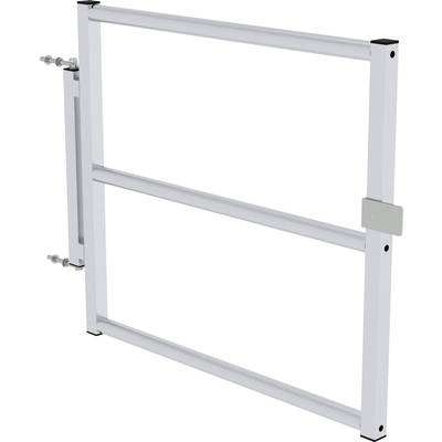 Ein weißes Sicherheitsgitter aus Metall, geeignet zum Versperren von Durchgängen, mit zwei horizontalen Stangen und Montageschrauben.