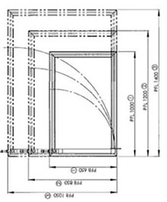 Technische Zeichnung eines Fensters mit Bemaßungen. Zeigt Breite, Höhe und Öffnungswinkel für Planung und Installation.