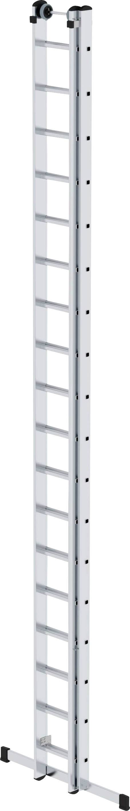 Eine lange, silberne Aluminiumleiter mit zwölf Sprossen, vertikal aufrecht stehend. Oben befinden sich zwei Rollen.