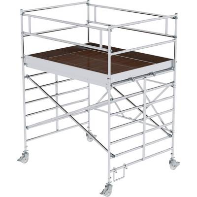 'Aluminium-Arbeitsplattform mit Rollen, Sicherheitsgeländer und breiter Standfläche für Arbeiten in der Höhe.'