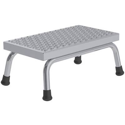 Ein kleiner, rechteckiger Tritthocker aus Metall mit rutschfester Oberfläche und schwarzen Gummifüßen.