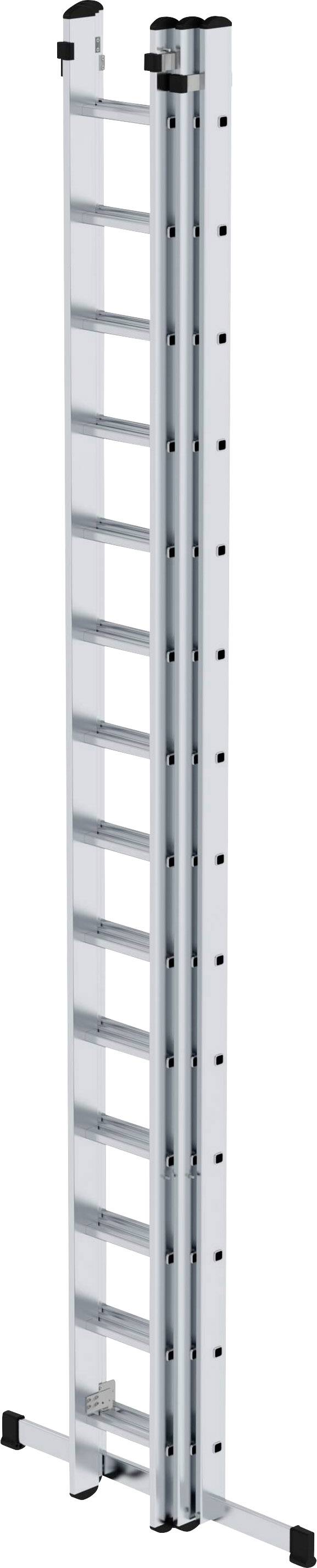 Aluminiumleiter mit mehreren Stufen, zusammengeklappt und bereit zum Verstauen oder Transport.