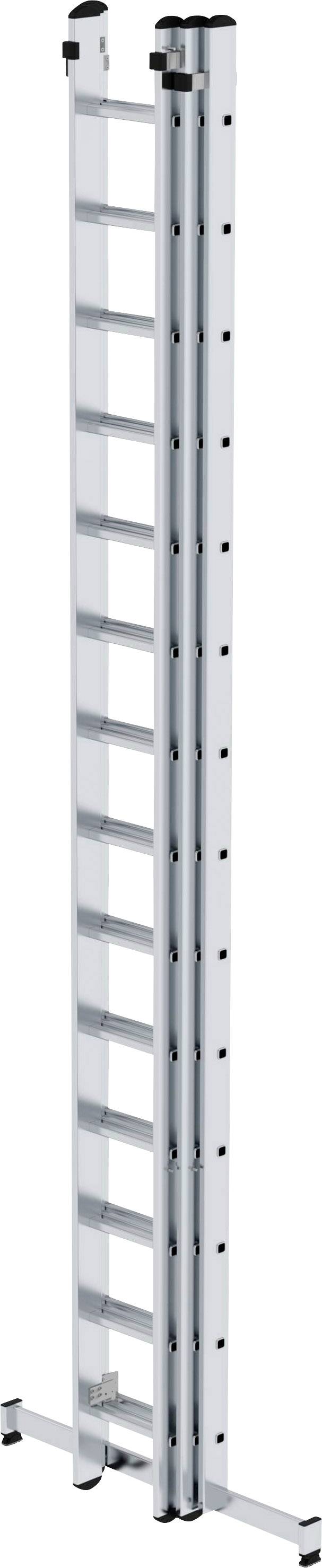 Eine ausgefahrene Aluminium-Anlegeleiter mit mehreren Sprossen, geeignet für hohe Arbeiten oder schwer erreichbare Stellen.