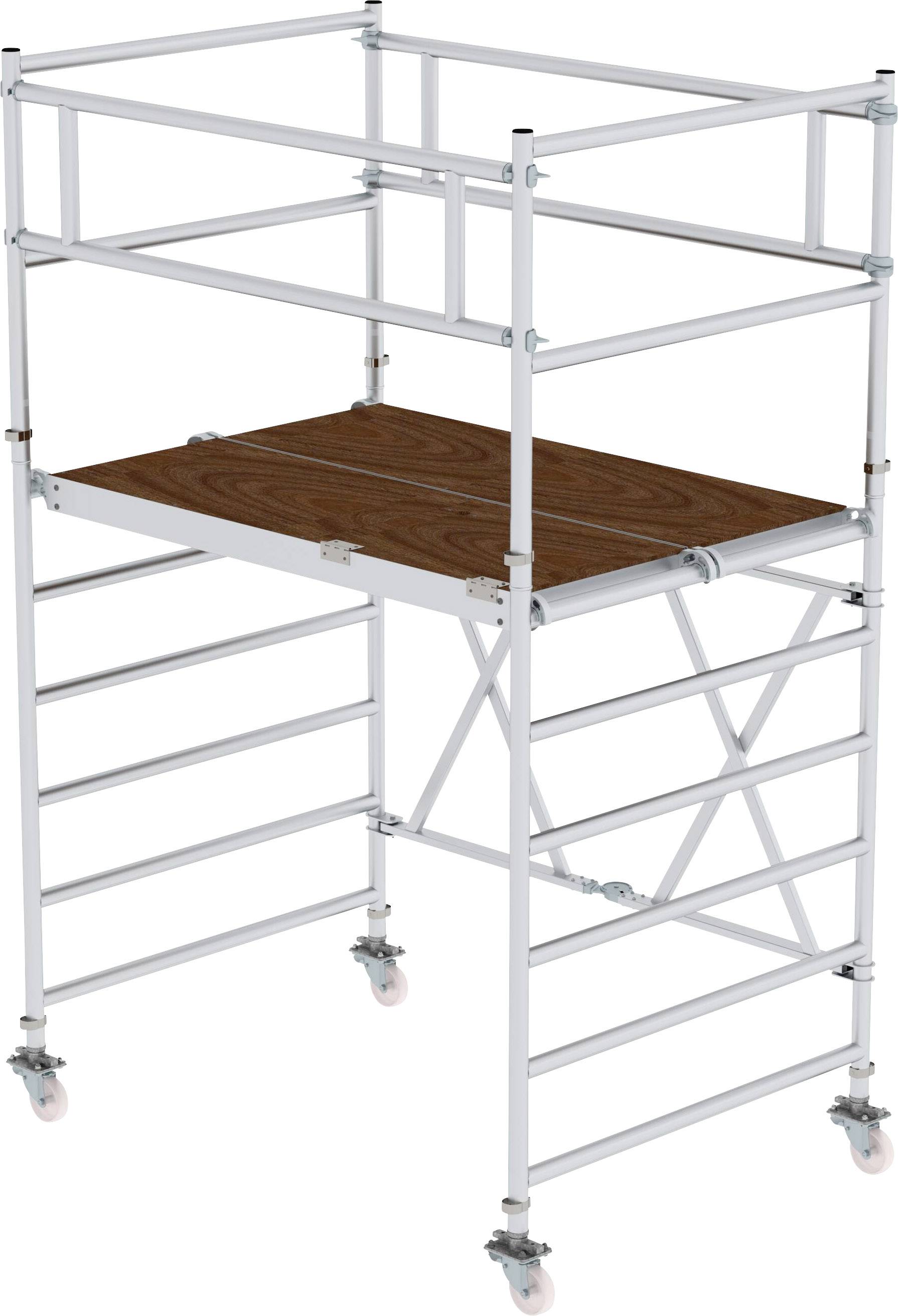 Ein tragbares Gerüst mit Plattform, Leiter und Rollen, ideal für Bauarbeiten in Innenräumen. Gestell aus Metall, Plattform aus Holz.