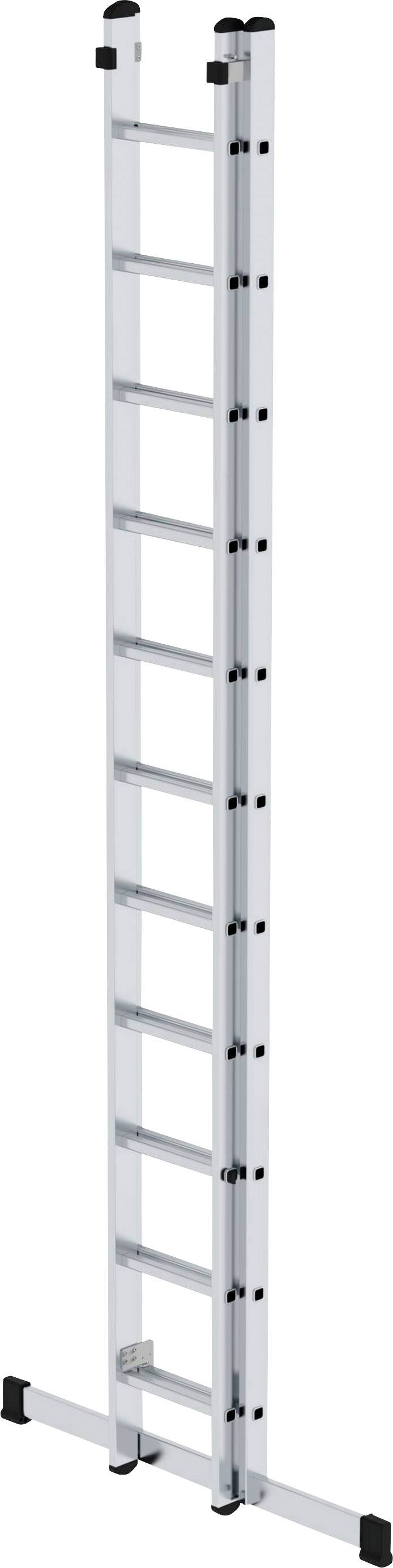 Eine silberne Aluminiumleiter mit zehn Sprossen und schwarzen Schutzkappen an den Enden. Sie steht aufrecht und scheint stabil zu sein.