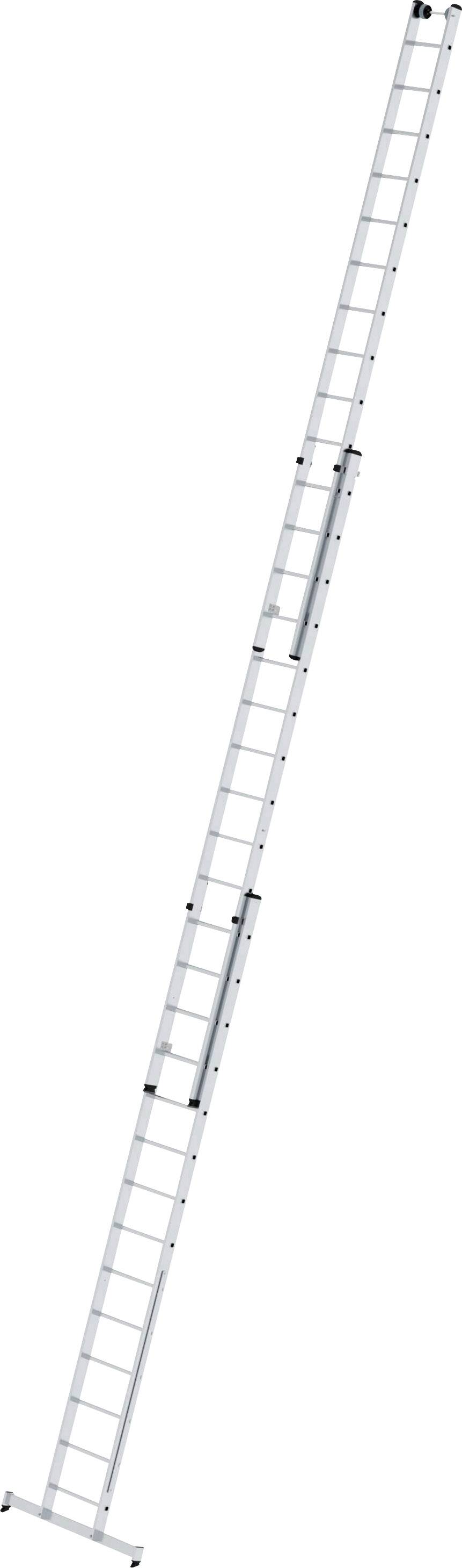 Eine lange, mehrfach ausziehbare Aluminiumleiter, geeignet für hohe Arbeiten und zur sicheren Nutzung bei Bauprojekten oder Hausreparaturen.