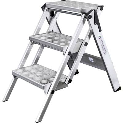 Eine silberne, dreistufige Klappleiter aus Metall mit rutschfesten Trittflächen, geeignet für Heimwerker und den professionellen Einsatz.