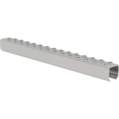 Langes graues Metallprofil mit abgerundeten Ecken, oben mit runden vertieften Löchern versehen, für industrielle Anwendungen geeignet.