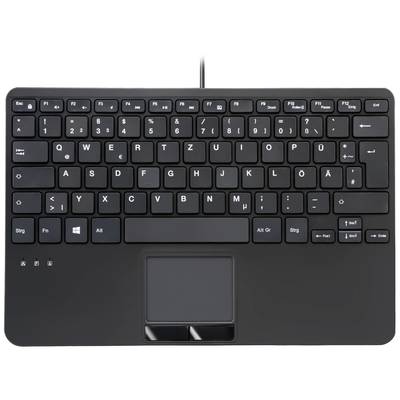 Schwarze QWERTZ-Tastatur mit Touchpad unten. Tasten in Standardlayout, inklusive Funktionstasten und Pfeiltasten.