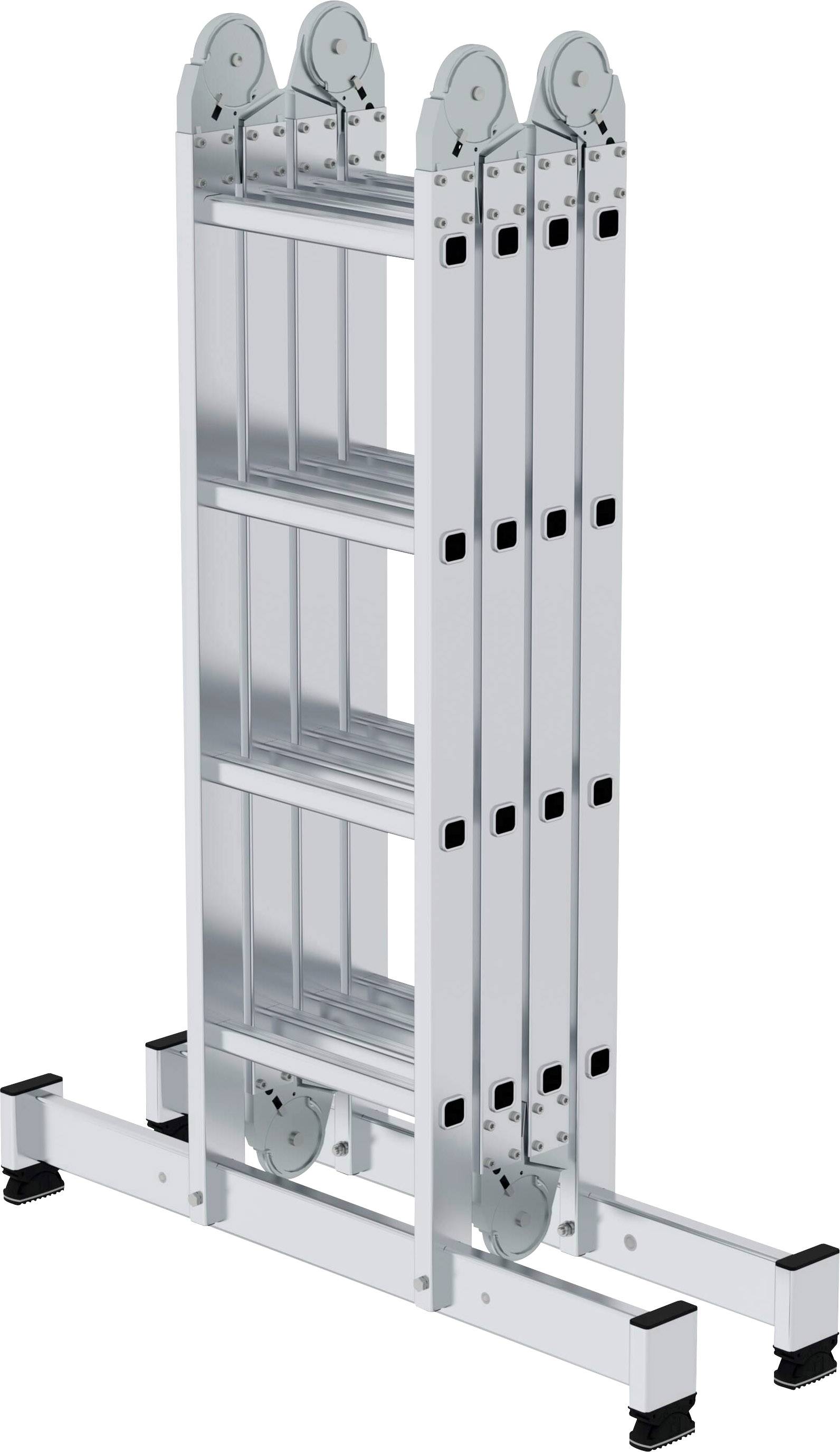 Mehrzweckleiter aus Aluminium mit mehrfachen Scharnieren, kompakt zusammengeklappt stehend.