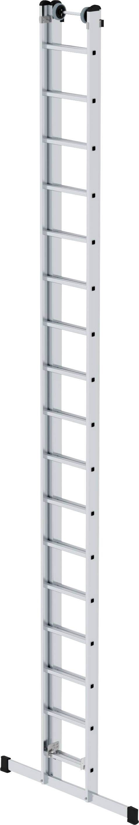 Eine lange Aluminiumleiter mit 15 Sprossen, oben mit Gummifüßen. Geeignet für Arbeiten in großer Höhe oder schwer erreichbaren Bereichen.