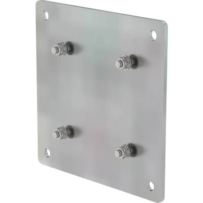 Vierkantige Metallplatte mit vier Schrauben an den Ecken, vermutlich zur Befestigung an einer Wand oder einem anderen Objekt.