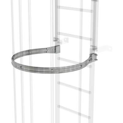 Ein Metallring an einer Leiter als Schutzvorrichtung. Der Ring umgibt die Leiter und dient der Sicherheit beim Besteigen.
