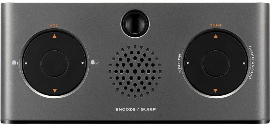 Ein Radio mit zentralem Lautsprecher, links Volumen- und rechts Tuningregler. Text 'Snooze / Sleep' darunter.