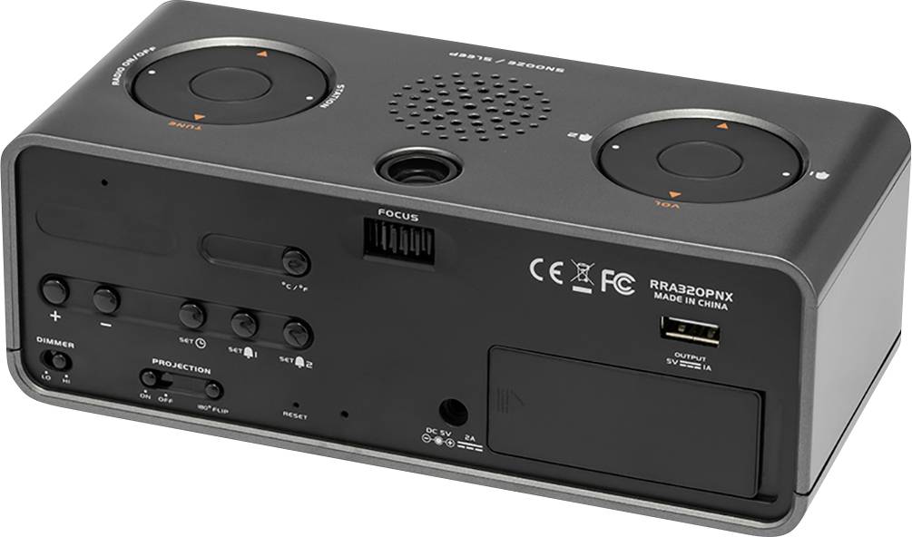Ein schwarzer Projektor mit Tasten zur Steuerung, Lautsprechergitter und Anschlussbuchsen, geeignet für Präsentationen oder Heimkino.