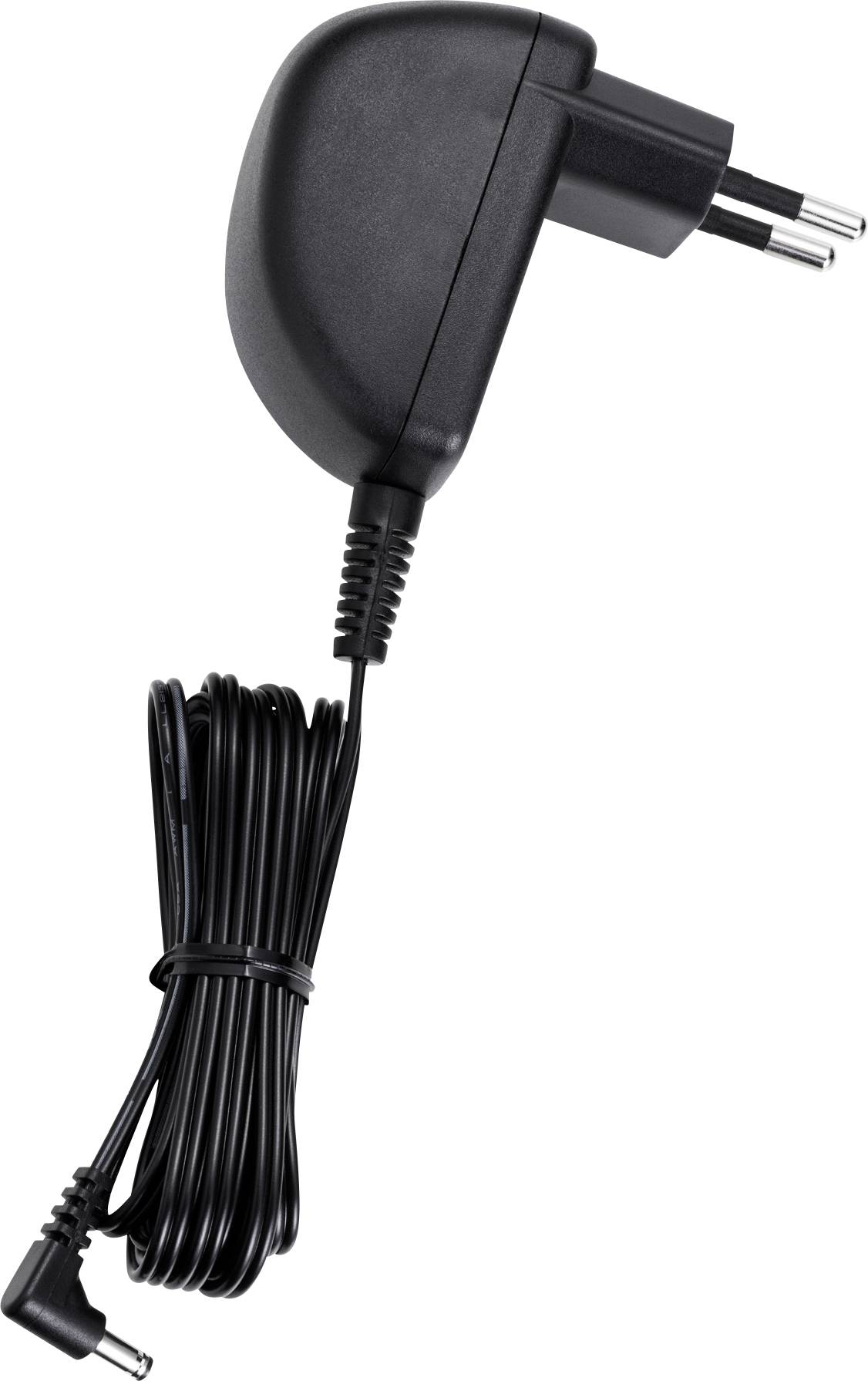 Schwarzes Netzteil mit Eurostecker und langem Kabel.