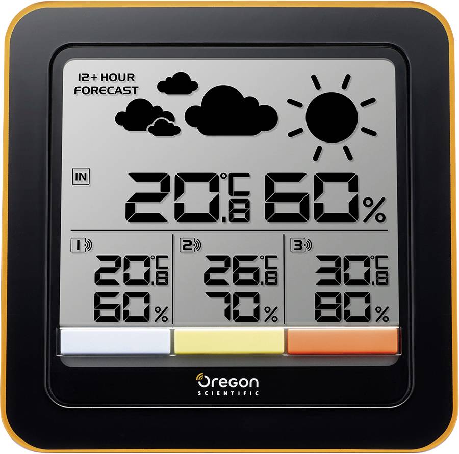 Digitales Thermometer mit Wettervorhersage: 20°C, 60% Luftfeuchtigkeit, Prognosen von 20°C bis 30°C, 60%-80% Luftfeuchtigkeit.