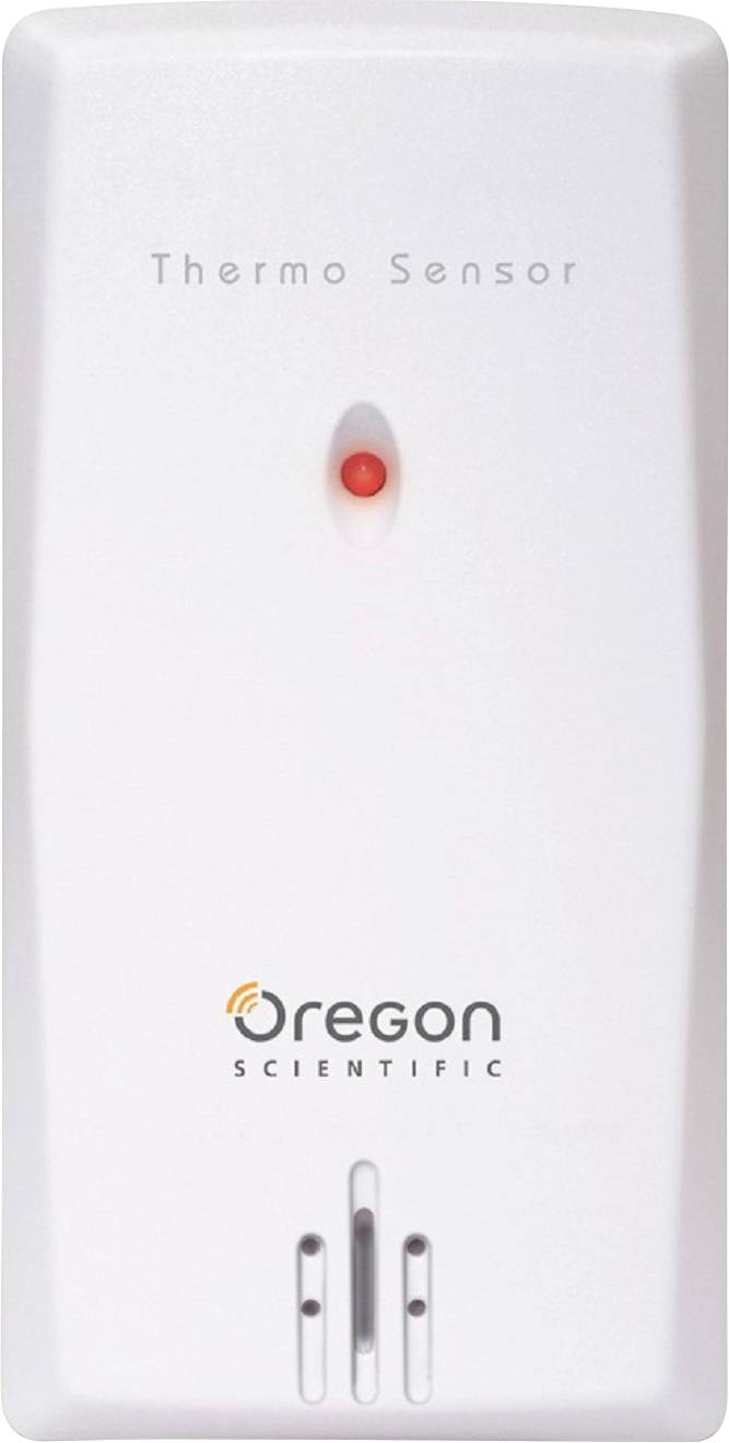 Weißer Thermosensor von Oregon Scientific mit rotem Licht und Schriftzug 'Thermo Sensor' oben.