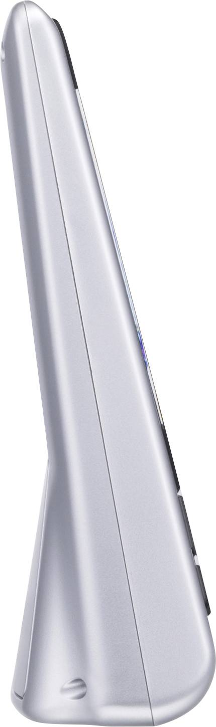 Ein silberfarbener All-in-One-Computer von der Seite, zeigt ein schlankes, keilförmiges Design.