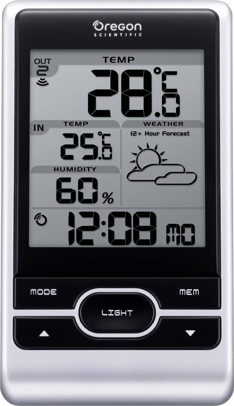 Elektronisches Thermometer zeigt Außentemperatur 28,6°C, Innentemperatur 25,6°C, Luftfeuchtigkeit 60%, Wettervorhersage: leicht bewölkt.