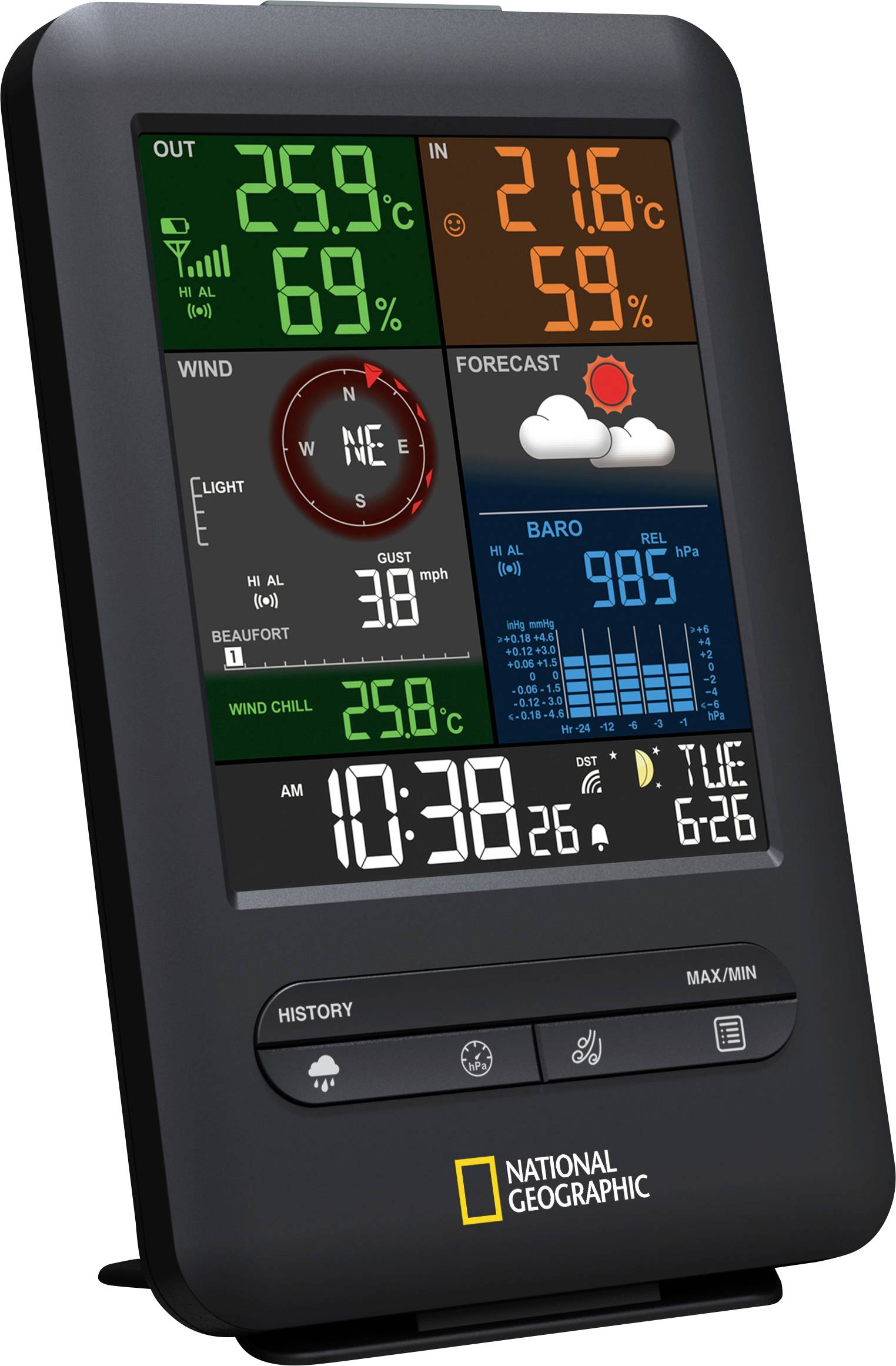 Wetterstation mit buntem Display zeigt Temperatur (25,9°C innen, 21,6°C außen), Luftfeuchtigkeit, Wind, Wetterprognose, Uhrzeit (10:38) und Datum (Dienstag, 6:26).