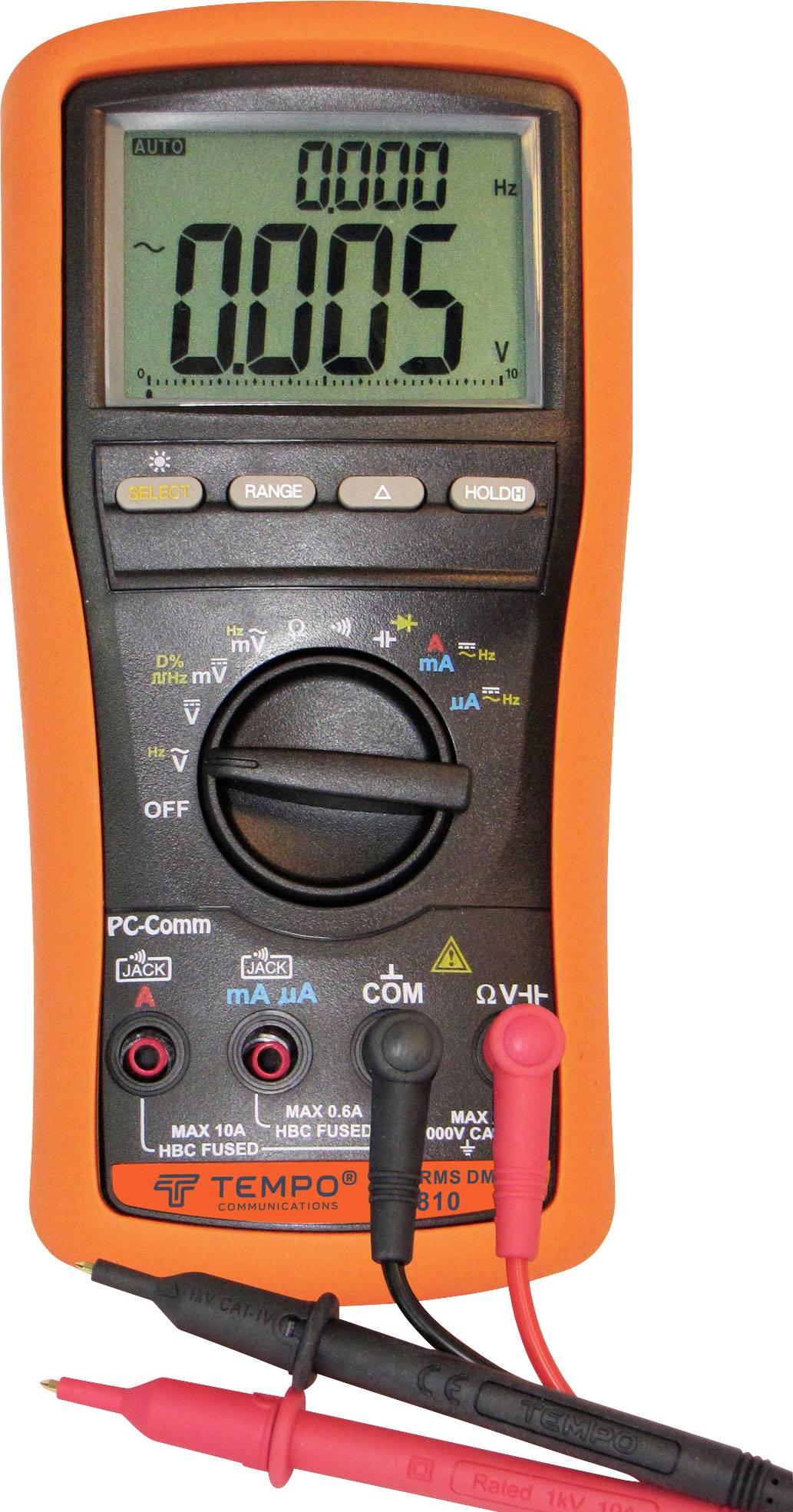 Digitales Multimeter mit orangem Gehäuse zeigt auf Display '0.005 V'. Enthält Funktionen zur Spannungsmessung mit Messleitungen.