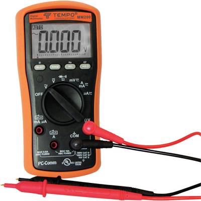 Ein digitales Multimeter zeigt 0 Volt an. Es hat einen Drehschalter, Eingangsanschlüsse und rote Prüfkabel.