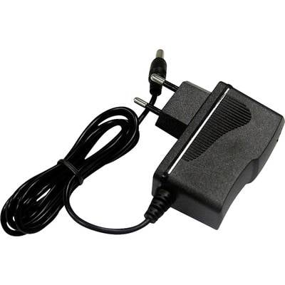 Schwarzes Netzteil mit europäischem Stecker und fest verbundenem Kabel. Für elektronische Geräte geeignet.