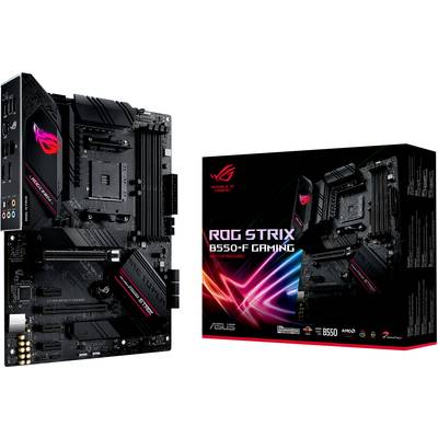 Motherboard und Verpackung der 'ROG STRIX B550-F Gaming' von ASUS gezeigt. Enthält Details wie Anschlüsse und RGB-Beleuchtung.