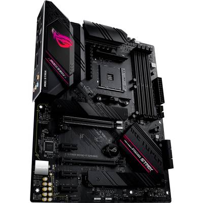 Schwarzes Motherboard mit detaillierten Komponenten, darunter CPU-Sockel, RAM-Steckplätze und Anschlüsse, markiert mit 'ROG Strix'.