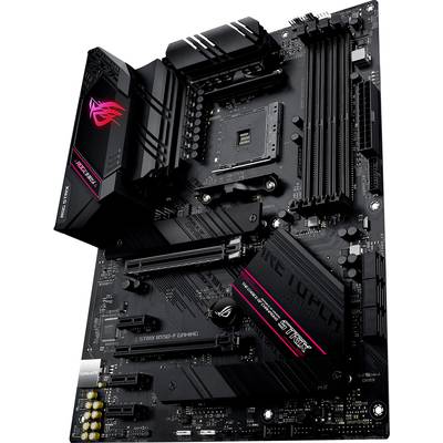 Ein schwarzes Mainboard mit mehreren Erweiterungssteckplätzen und Kühlern, geeignet für Gaming-PCs, zeigt das Markenzeichen eines Herstellers.