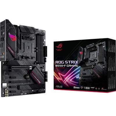 Mainboard Asus ROG Strix B550-F Gaming neben seiner Verpackung, schwarzes Design mit roten Akzenten, für Gaming-PCs geeignet.