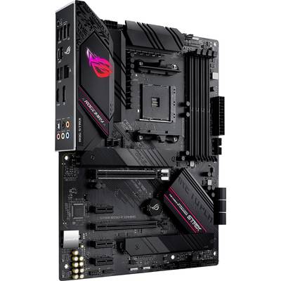 Mainboard mit Sockel- und Anschluss-Anschlüssen, darunter USB, HDMI und Audio. Schwarzes Design mit roten Akzenten und RGB-Beleuchtung.