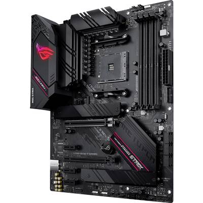 Schwarzes Gaming-Motherboard mit markanten rosa Akzenten und mehreren RAM-Steckplätzen, PCIe-Slots und CPU-Sockel.